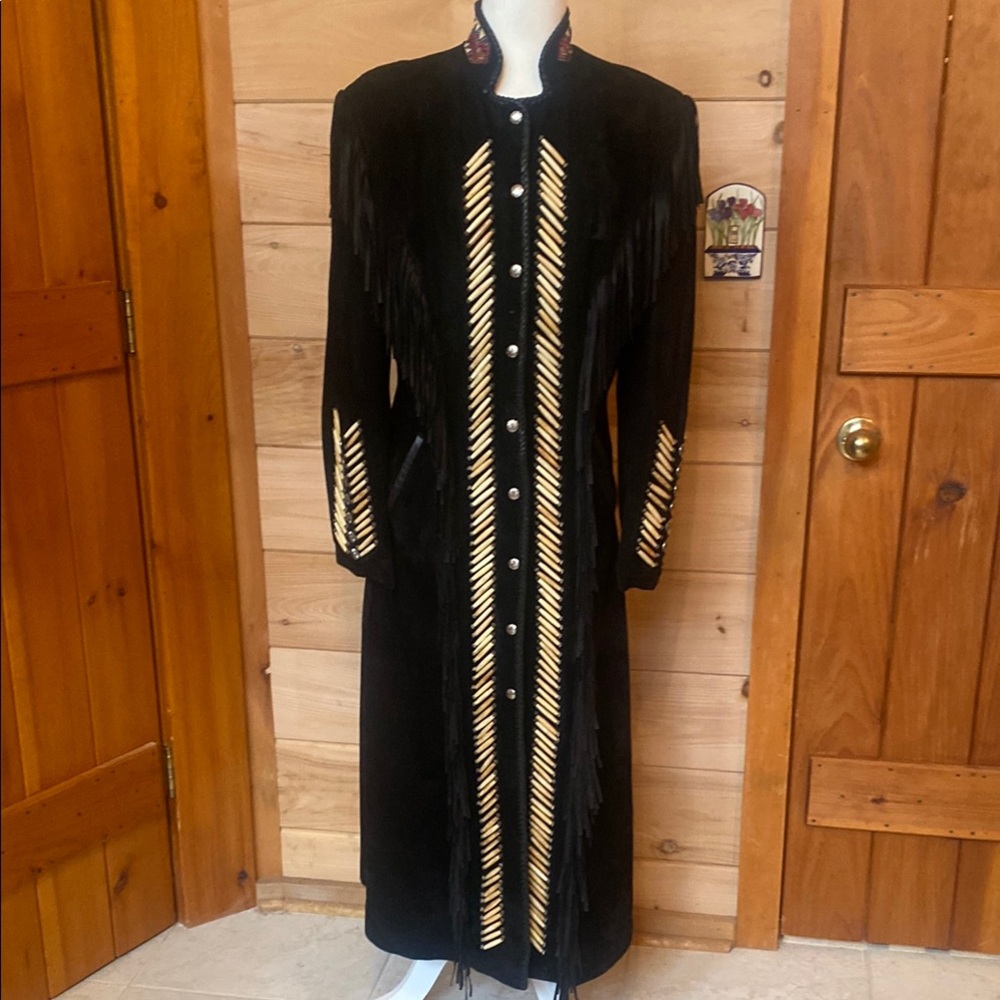 Diamond Leathers Black Suede fringe beaded Coat. Immaculate. Rodeo Maximalism